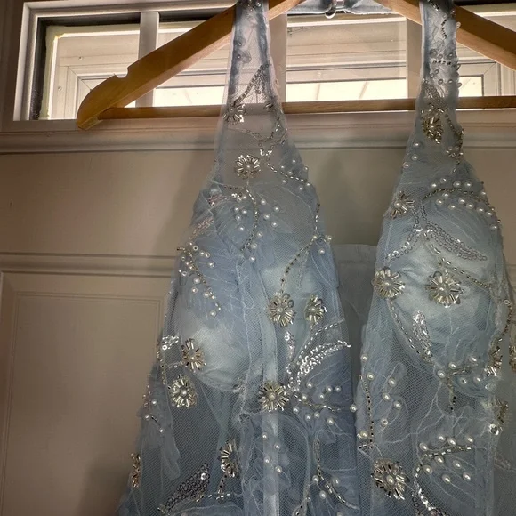 Elegant Baby Blue Fairytale Beaded Halter Prom Dress - Picture 10 of 15